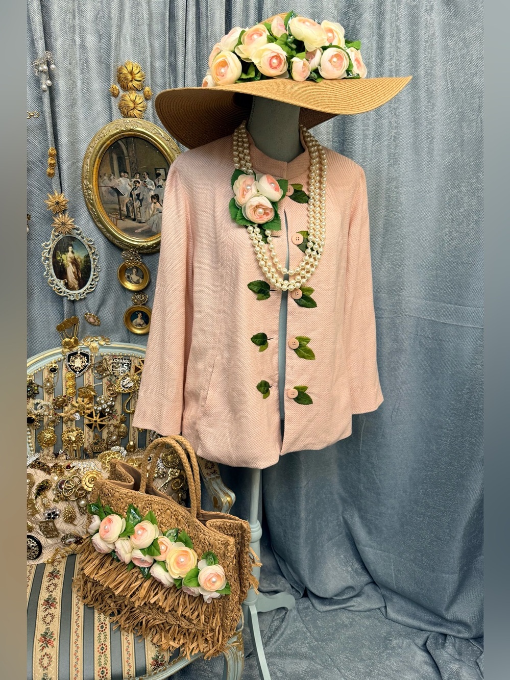Pink Floral Button Linen Jacket